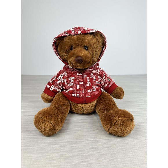 Aeropostale Brown Teddy Bear Plush 17" Stuffed Animal in Red Aero Hoodie Sweater - Picture 1 of 7